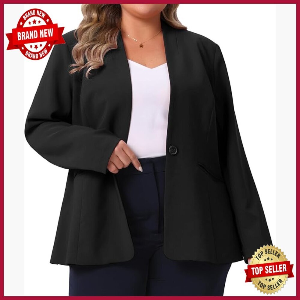 Plus Size Collarless Blazer, Open Front, Long Sleeve, Business Casual